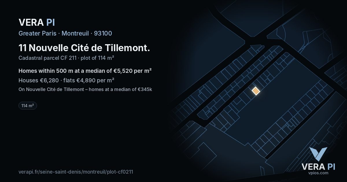 11 Nouvelle Cité de Tillemont, Montreuil at night – the plot lit, the parcels around coloured by the prices near them