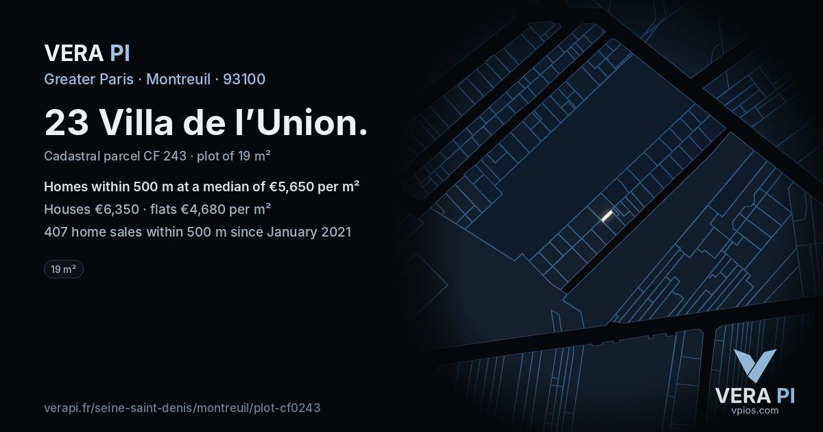 23 Villa de l’Union, Montreuil at night – the plot lit, the parcels around coloured by the prices near them