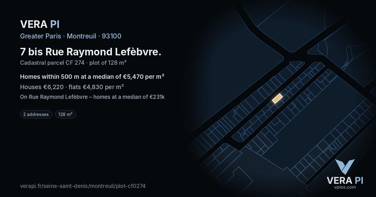 7 bis Rue Raymond Lefèbvre, Montreuil at night – the plot lit, the parcels around coloured by the prices near them