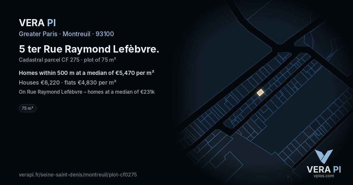 5 ter Rue Raymond Lefèbvre, Montreuil at night – the plot lit, the parcels around coloured by the prices near them