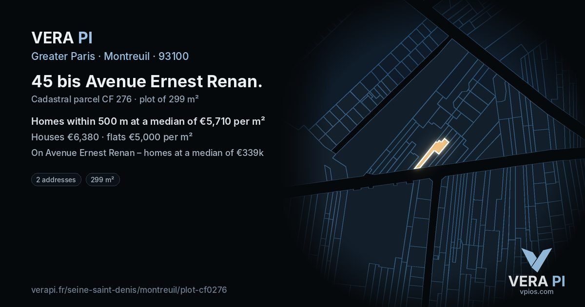 45 bis Avenue Ernest Renan, Montreuil at night – the plot lit, the parcels around coloured by the prices near them
