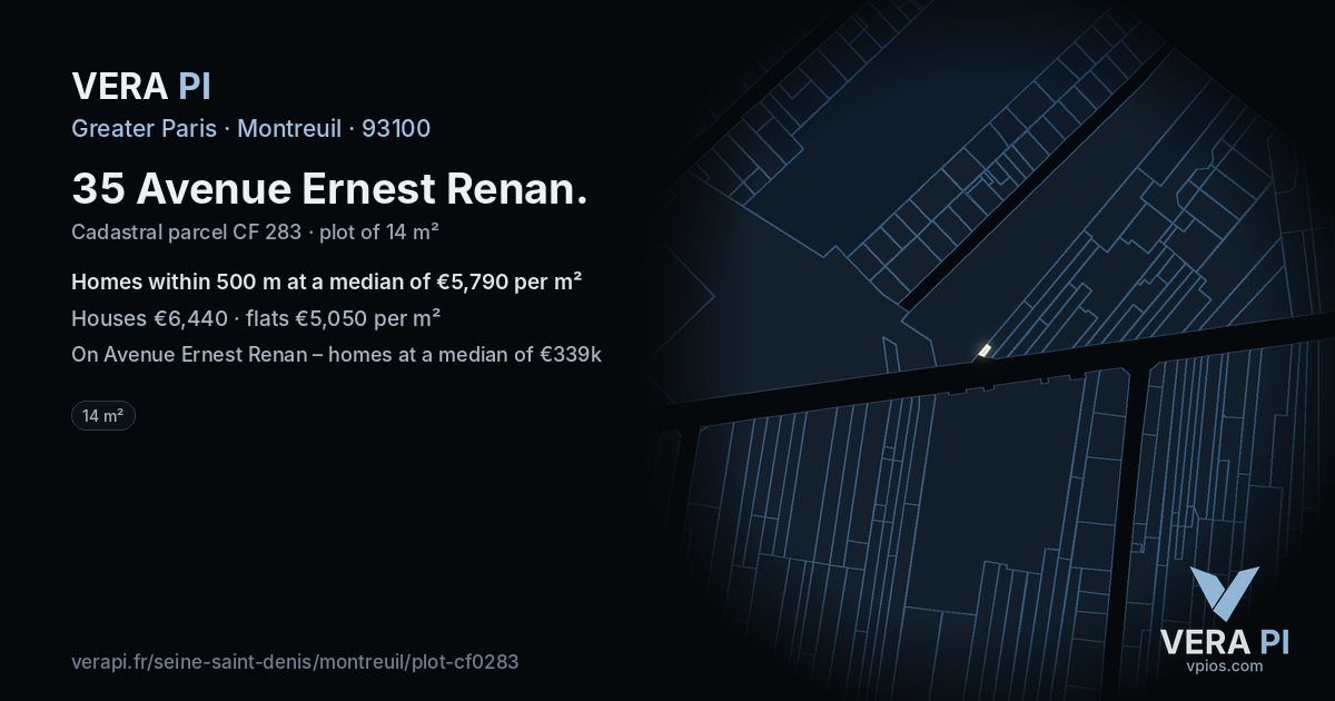35 Avenue Ernest Renan, Montreuil at night – the plot lit, the parcels around coloured by the prices near them
