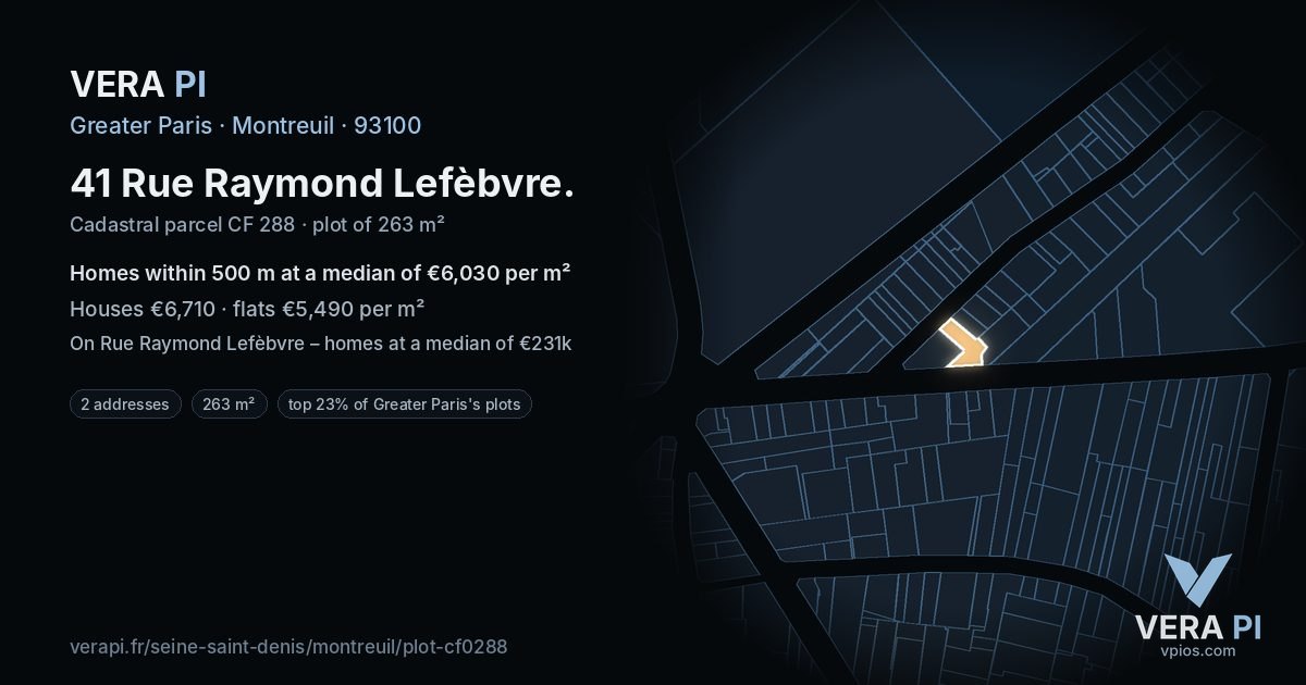 41 Rue Raymond Lefèbvre, Montreuil at night – the plot lit, the parcels around coloured by the prices near them