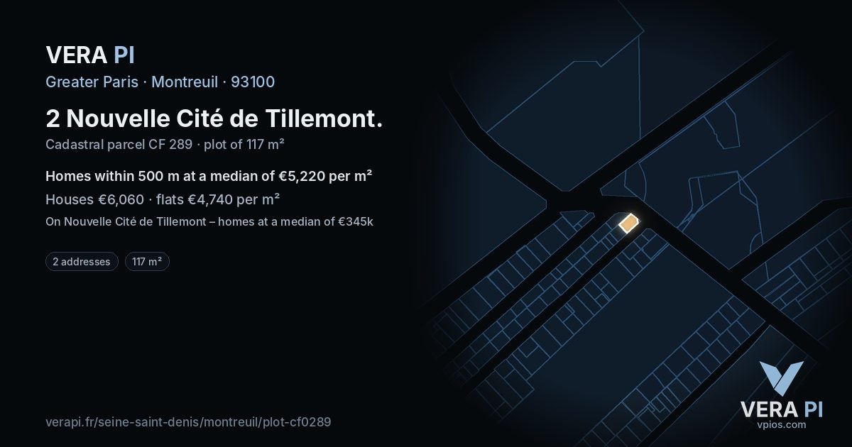 2 Nouvelle Cité de Tillemont, Montreuil at night – the plot lit, the parcels around coloured by the prices near them