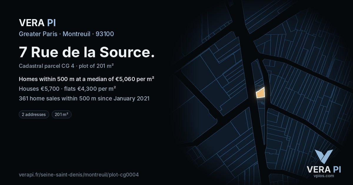 7 Rue de la Source, Montreuil at night – the plot lit, the parcels around coloured by the prices near them