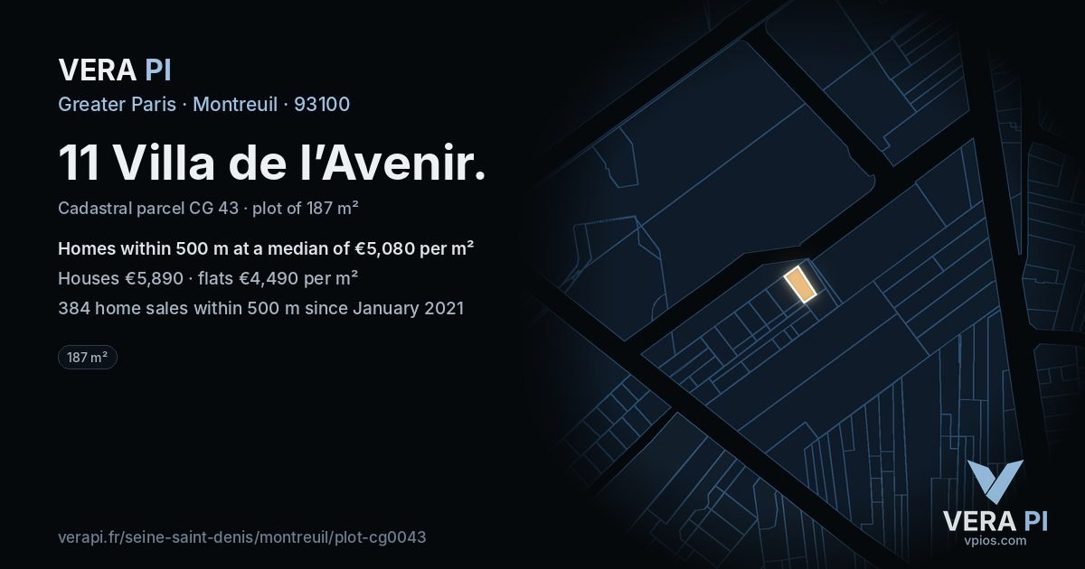 11 Villa de l’Avenir, Montreuil at night – the plot lit, the parcels around coloured by the prices near them