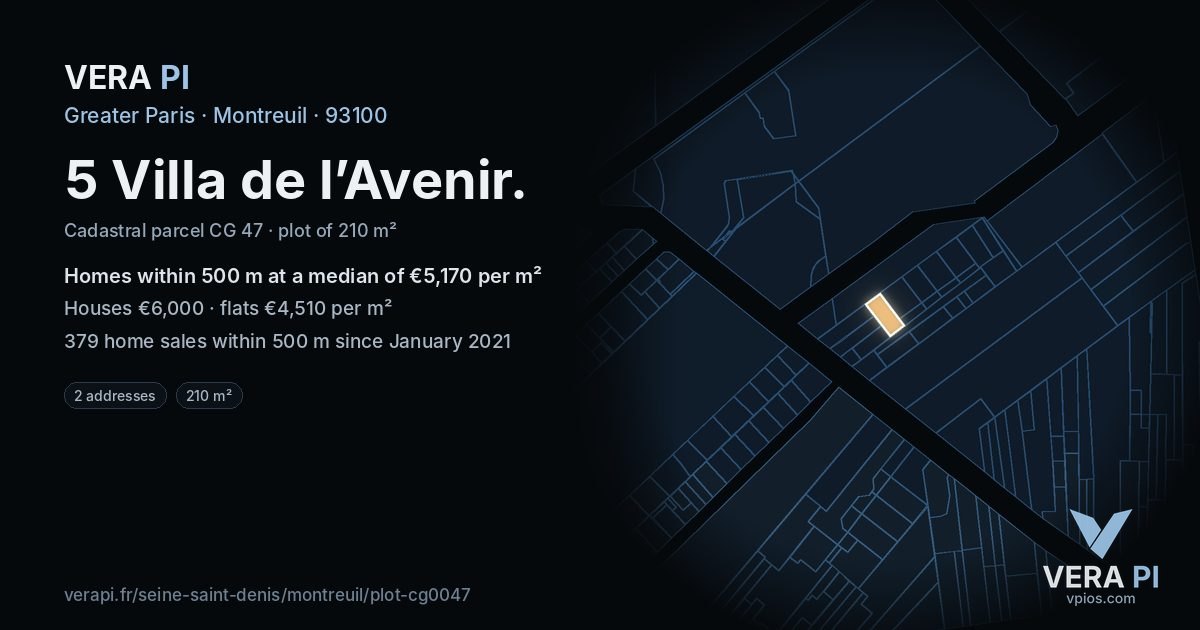 5 Villa de l’Avenir, Montreuil at night – the plot lit, the parcels around coloured by the prices near them