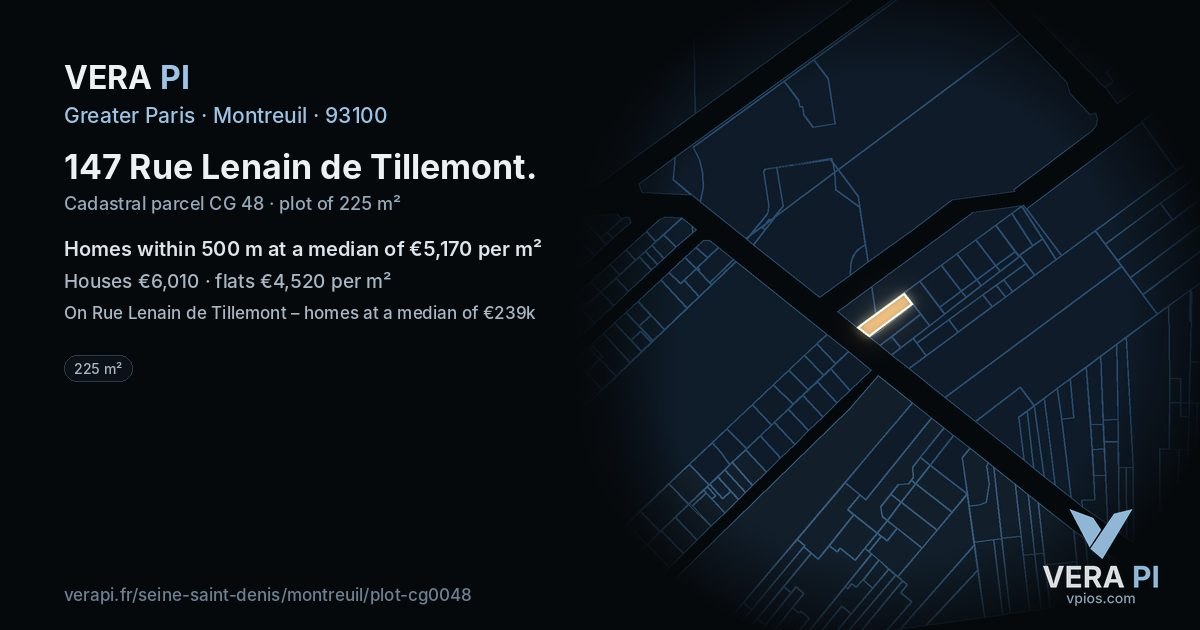 147 Rue Lenain de Tillemont, Montreuil at night – the plot lit, the parcels around coloured by the prices near them