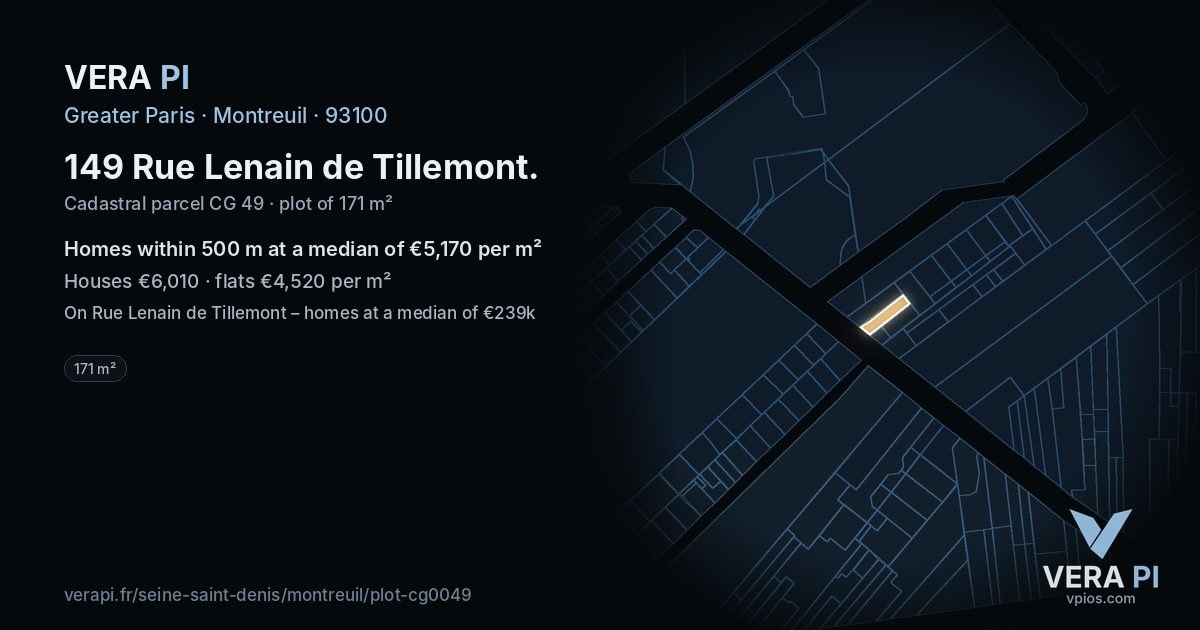 149 Rue Lenain de Tillemont, Montreuil at night – the plot lit, the parcels around coloured by the prices near them