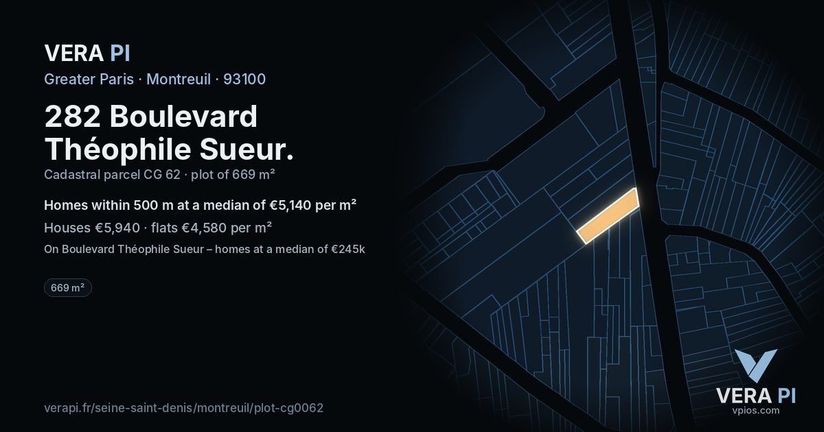 282 Boulevard Théophile Sueur, Montreuil at night – the plot lit, the parcels around coloured by the prices near them