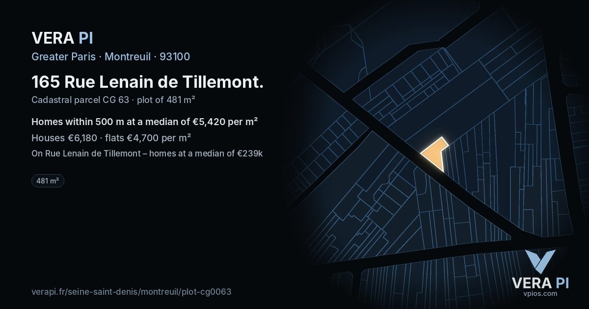 165 Rue Lenain de Tillemont, Montreuil at night – the plot lit, the parcels around coloured by the prices near them