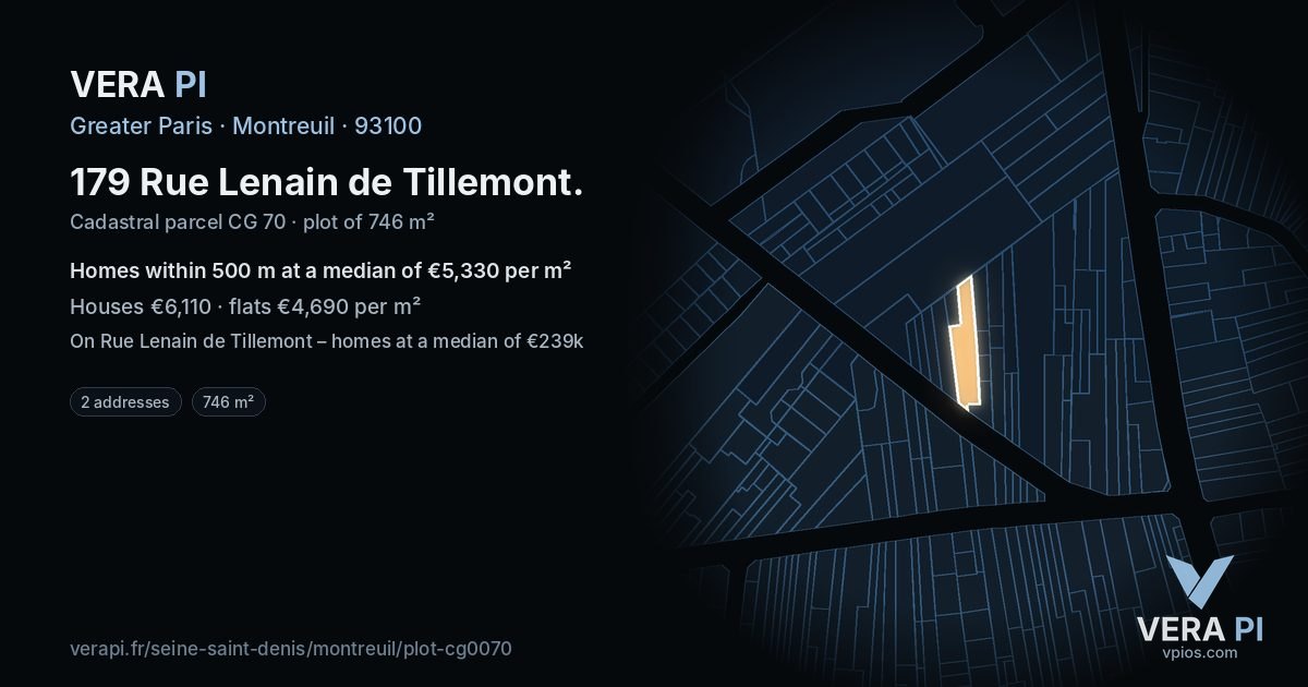 179 Rue Lenain de Tillemont, Montreuil at night – the plot lit, the parcels around coloured by the prices near them