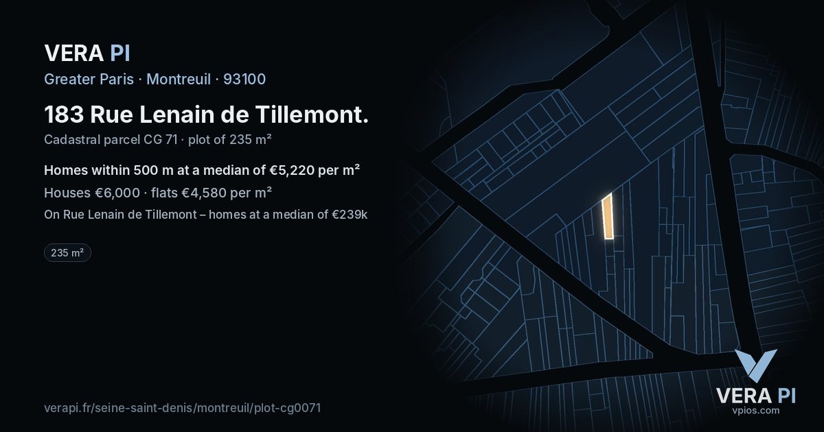 183 Rue Lenain de Tillemont, Montreuil at night – the plot lit, the parcels around coloured by the prices near them
