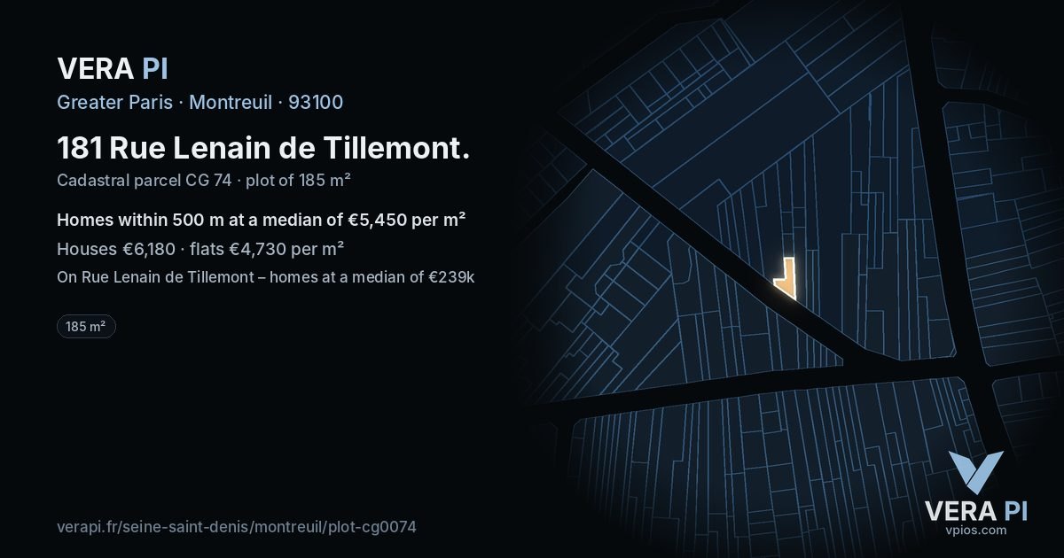181 Rue Lenain de Tillemont, Montreuil at night – the plot lit, the parcels around coloured by the prices near them