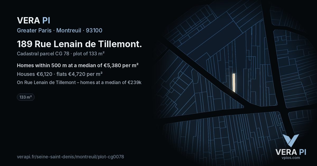 189 Rue Lenain de Tillemont, Montreuil at night – the plot lit, the parcels around coloured by the prices near them