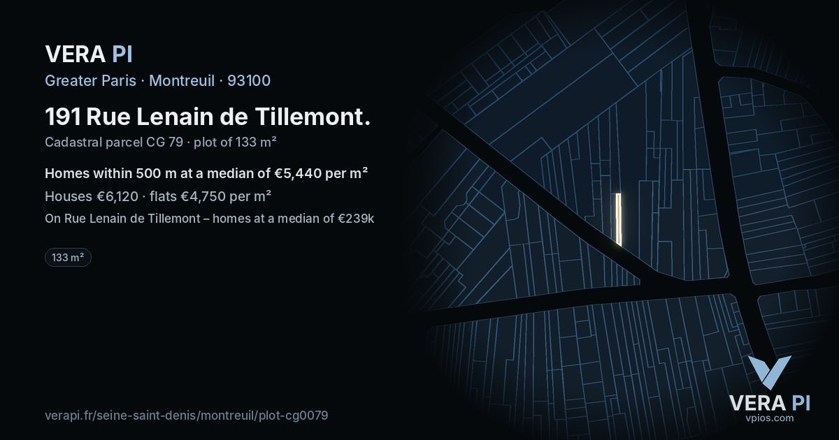 191 Rue Lenain de Tillemont, Montreuil at night – the plot lit, the parcels around coloured by the prices near them