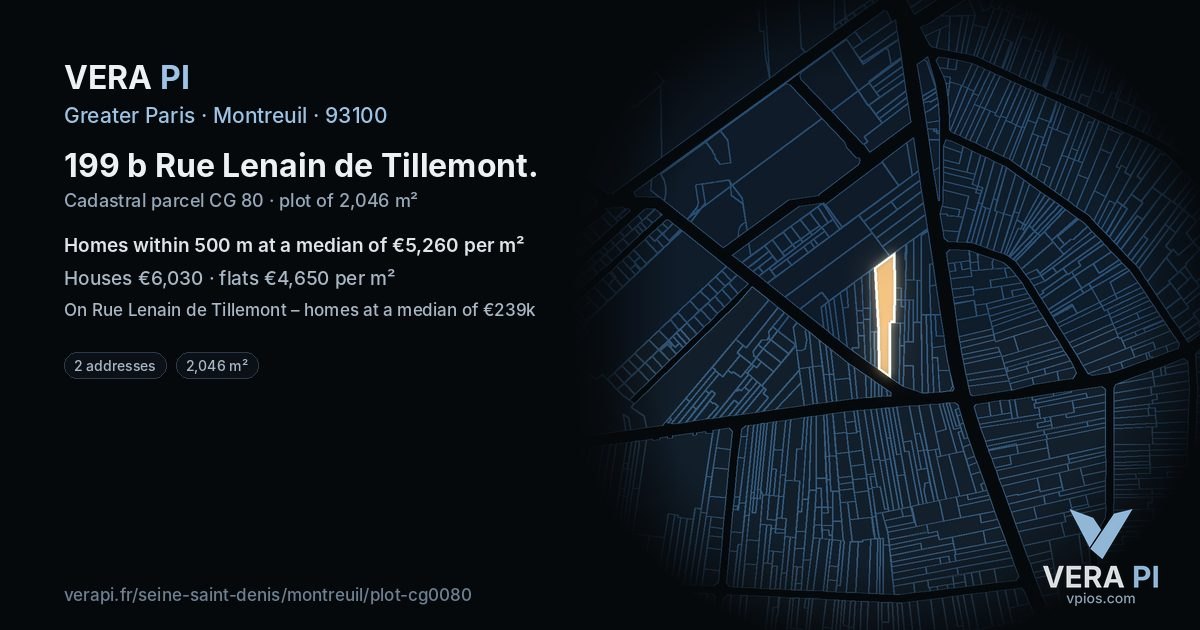 199 b Rue Lenain de Tillemont, Montreuil at night – the plot lit, the parcels around coloured by the prices near them