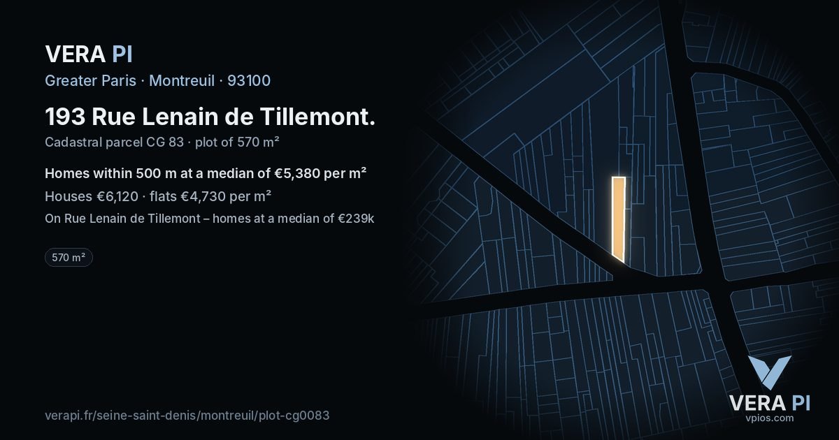 193 Rue Lenain de Tillemont, Montreuil at night – the plot lit, the parcels around coloured by the prices near them