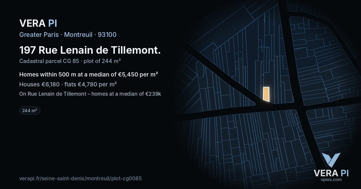 197 Rue Lenain de Tillemont, Montreuil at night – the plot lit, the parcels around coloured by the prices near them