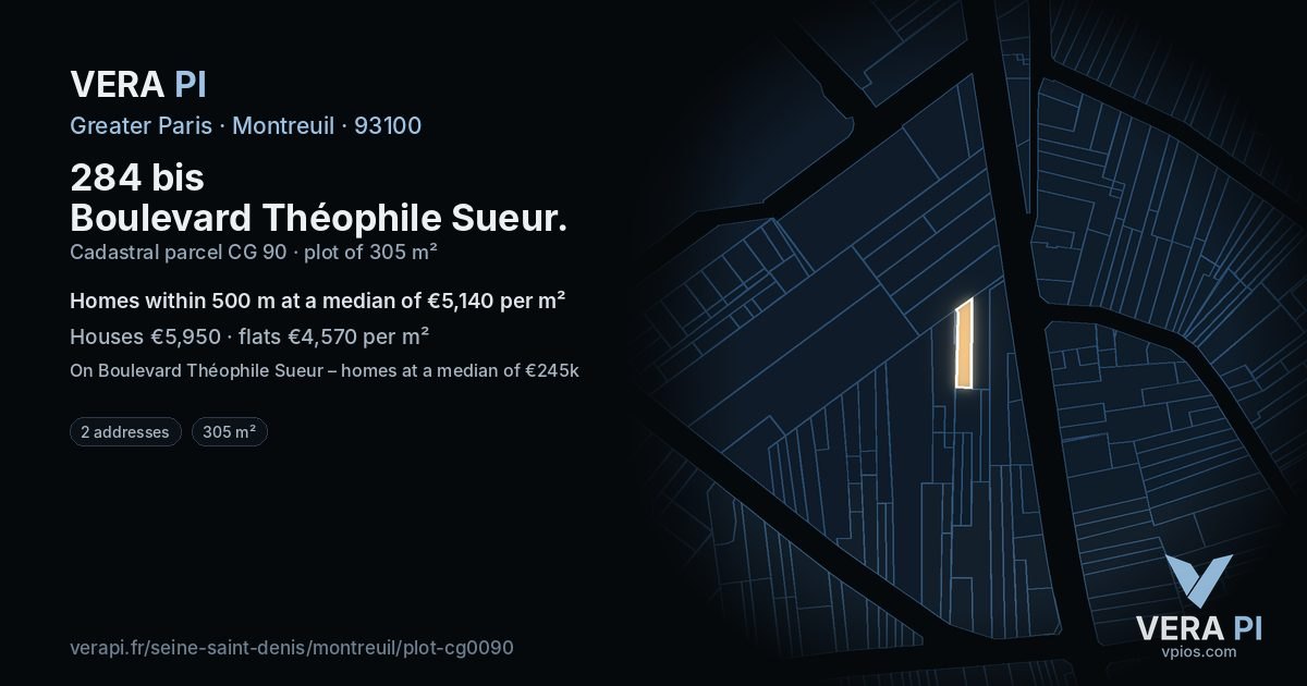 284 bis Boulevard Théophile Sueur, Montreuil at night – the plot lit, the parcels around coloured by the prices near them