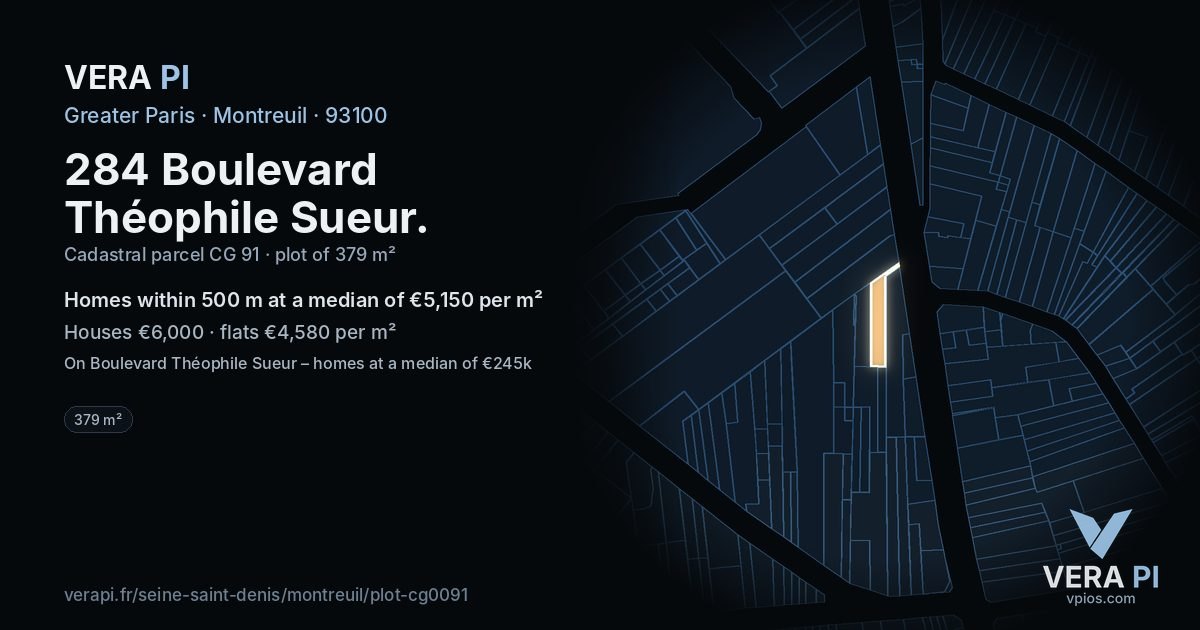 284 Boulevard Théophile Sueur, Montreuil at night – the plot lit, the parcels around coloured by the prices near them