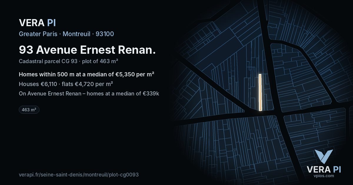 93 Avenue Ernest Renan, Montreuil at night – the plot lit, the parcels around coloured by the prices near them