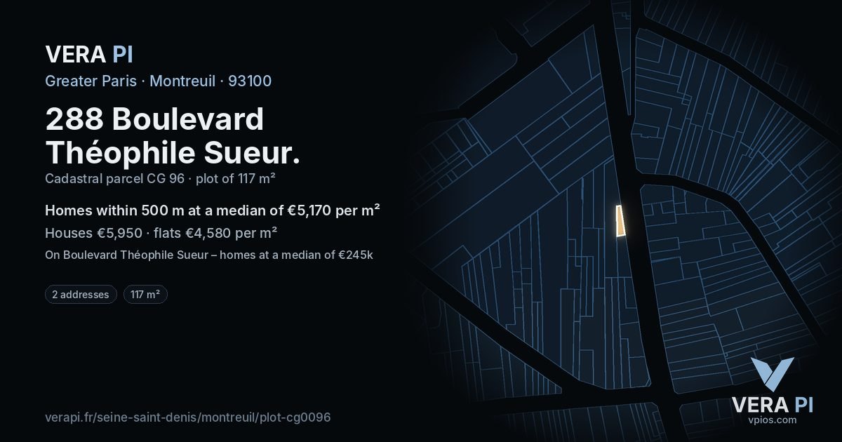 288 Boulevard Théophile Sueur, Montreuil at night – the plot lit, the parcels around coloured by the prices near them