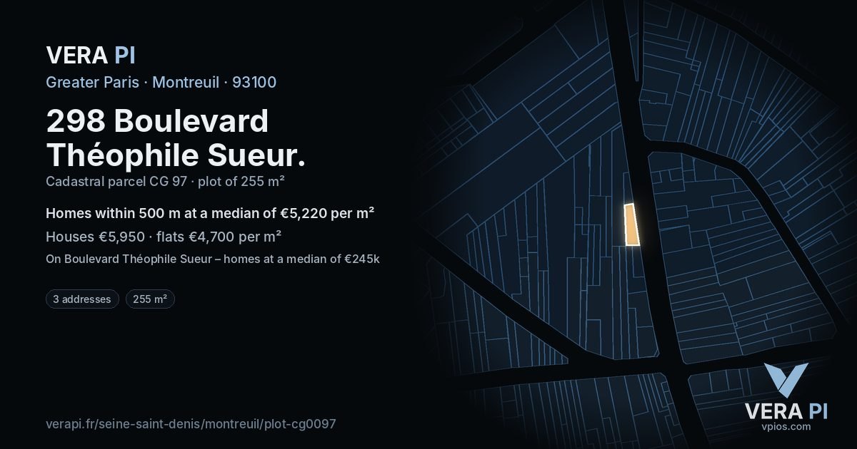 298 Boulevard Théophile Sueur, Montreuil at night – the plot lit, the parcels around coloured by the prices near them