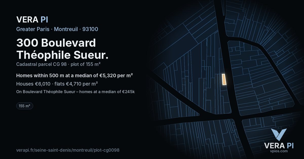 300 Boulevard Théophile Sueur, Montreuil at night – the plot lit, the parcels around coloured by the prices near them
