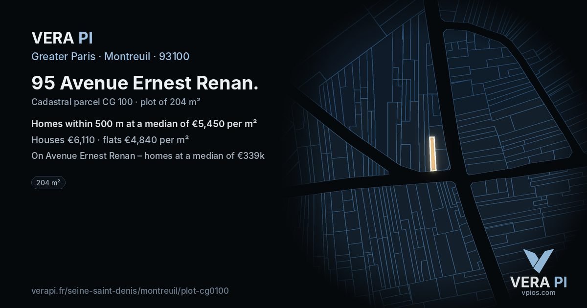 95 Avenue Ernest Renan, Montreuil at night – the plot lit, the parcels around coloured by the prices near them