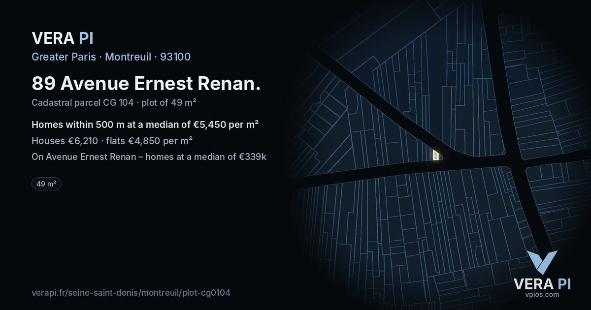 89 Avenue Ernest Renan, Montreuil at night – the plot lit, the parcels around coloured by the prices near them