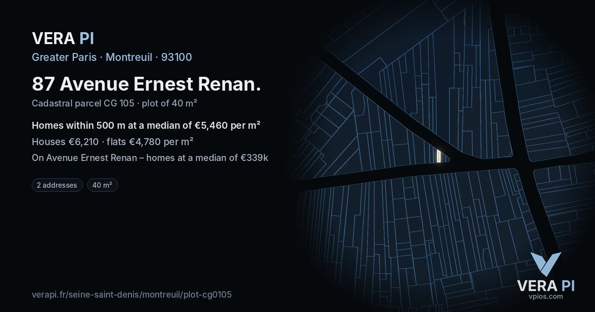 87 Avenue Ernest Renan, Montreuil at night – the plot lit, the parcels around coloured by the prices near them