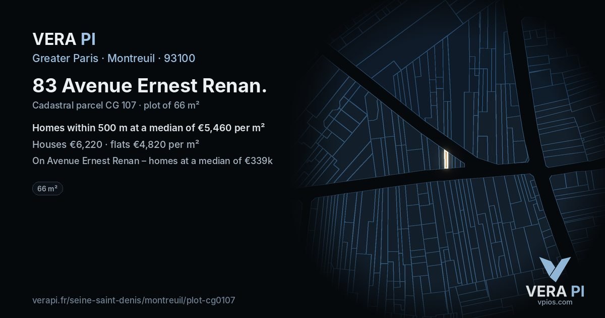 83 Avenue Ernest Renan, Montreuil at night – the plot lit, the parcels around coloured by the prices near them