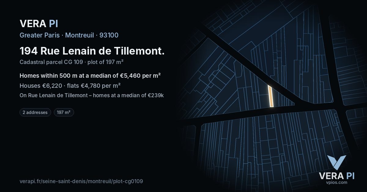 194 Rue Lenain de Tillemont, Montreuil at night – the plot lit, the parcels around coloured by the prices near them