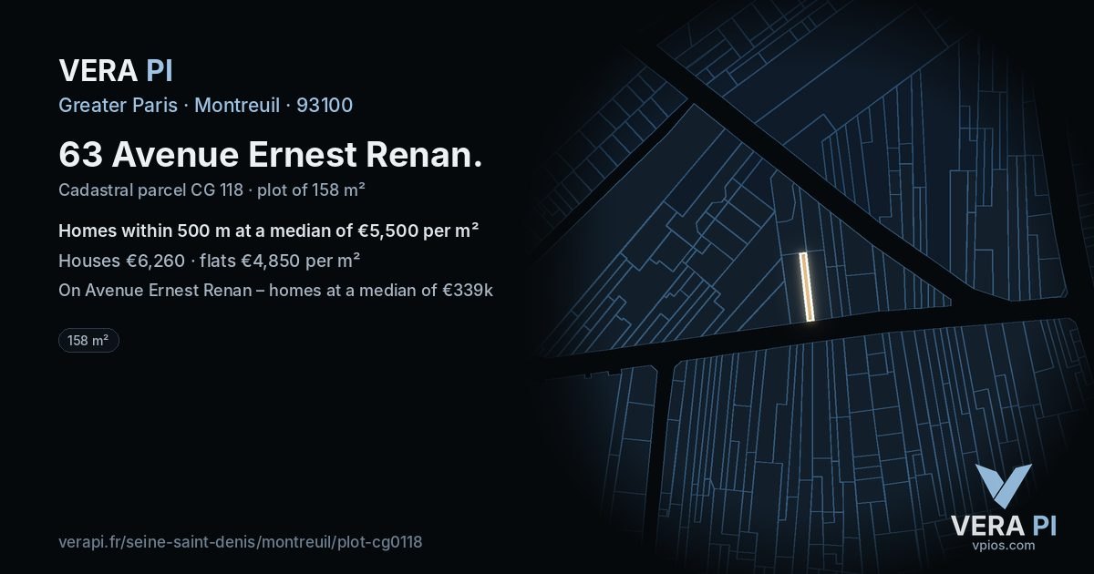 63 Avenue Ernest Renan, Montreuil at night – the plot lit, the parcels around coloured by the prices near them