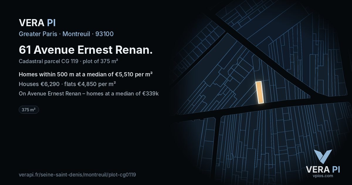 61 Avenue Ernest Renan, Montreuil at night – the plot lit, the parcels around coloured by the prices near them