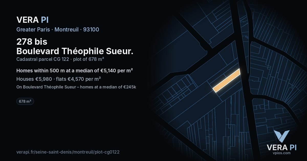 278 bis Boulevard Théophile Sueur, Montreuil at night – the plot lit, the parcels around coloured by the prices near them