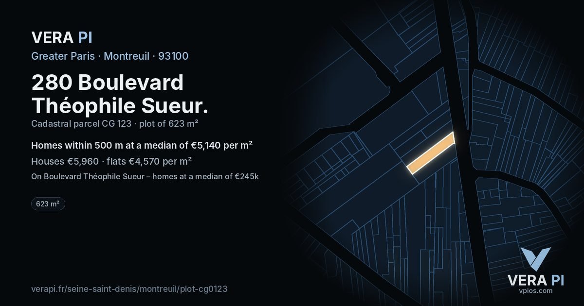 280 Boulevard Théophile Sueur, Montreuil at night – the plot lit, the parcels around coloured by the prices near them