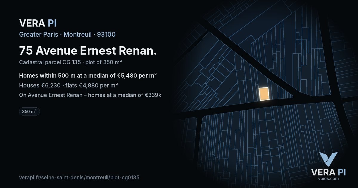75 Avenue Ernest Renan, Montreuil at night – the plot lit, the parcels around coloured by the prices near them