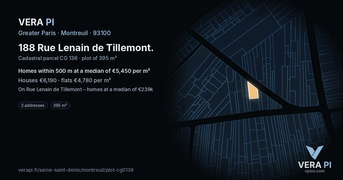 188 Rue Lenain de Tillemont, Montreuil at night – the plot lit, the parcels around coloured by the prices near them