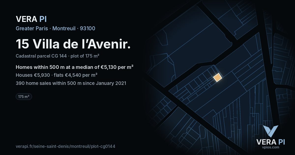 15 Villa de l’Avenir, Montreuil at night – the plot lit, the parcels around coloured by the prices near them