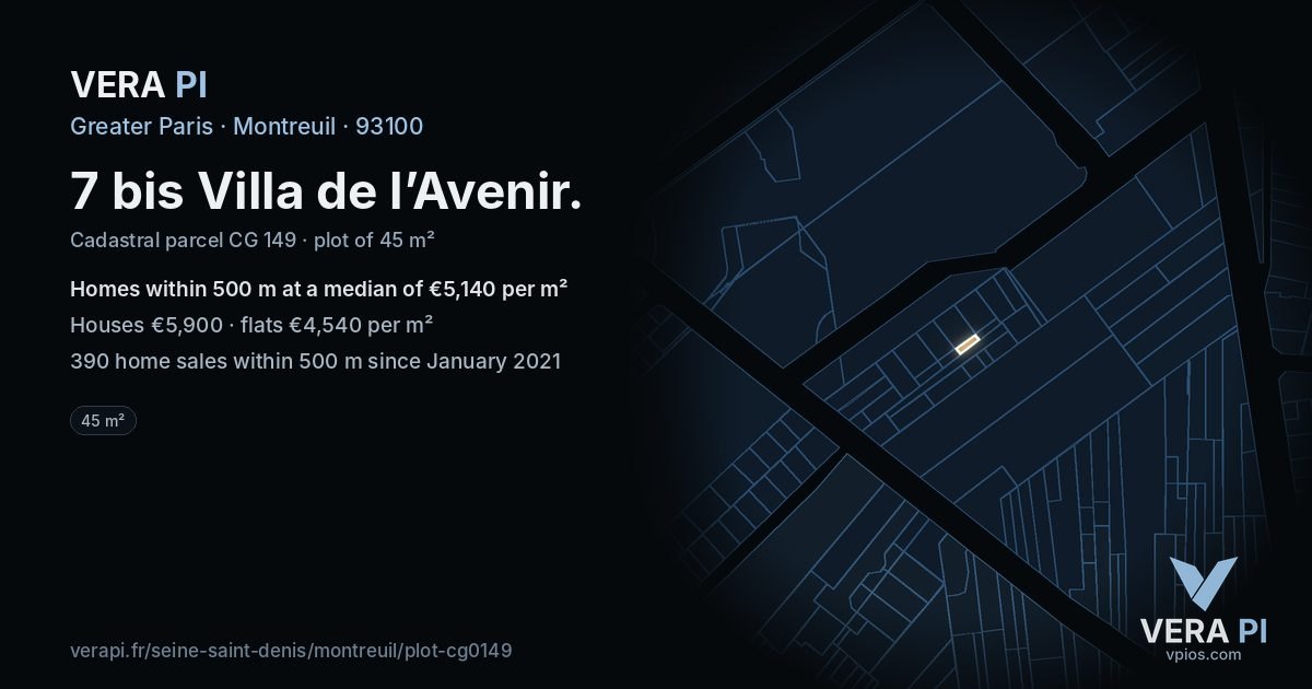 7 bis Villa de l’Avenir, Montreuil at night – the plot lit, the parcels around coloured by the prices near them