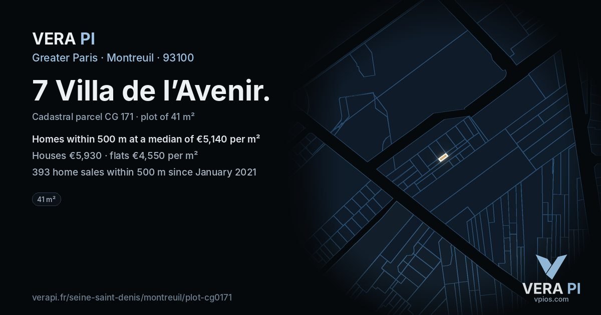 7 Villa de l’Avenir, Montreuil at night – the plot lit, the parcels around coloured by the prices near them