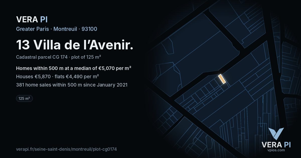 13 Villa de l’Avenir, Montreuil at night – the plot lit, the parcels around coloured by the prices near them