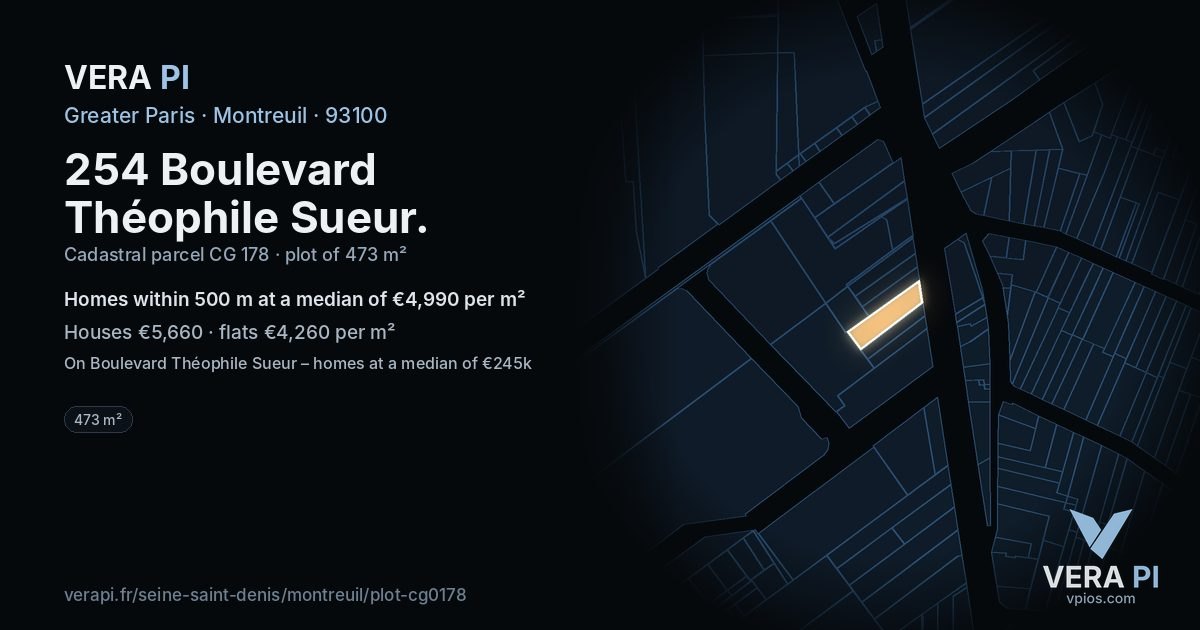 254 Boulevard Théophile Sueur, Montreuil at night – the plot lit, the parcels around coloured by the prices near them