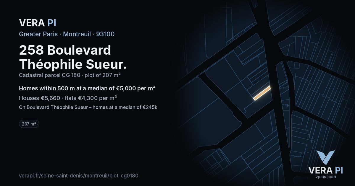 258 Boulevard Théophile Sueur, Montreuil at night – the plot lit, the parcels around coloured by the prices near them