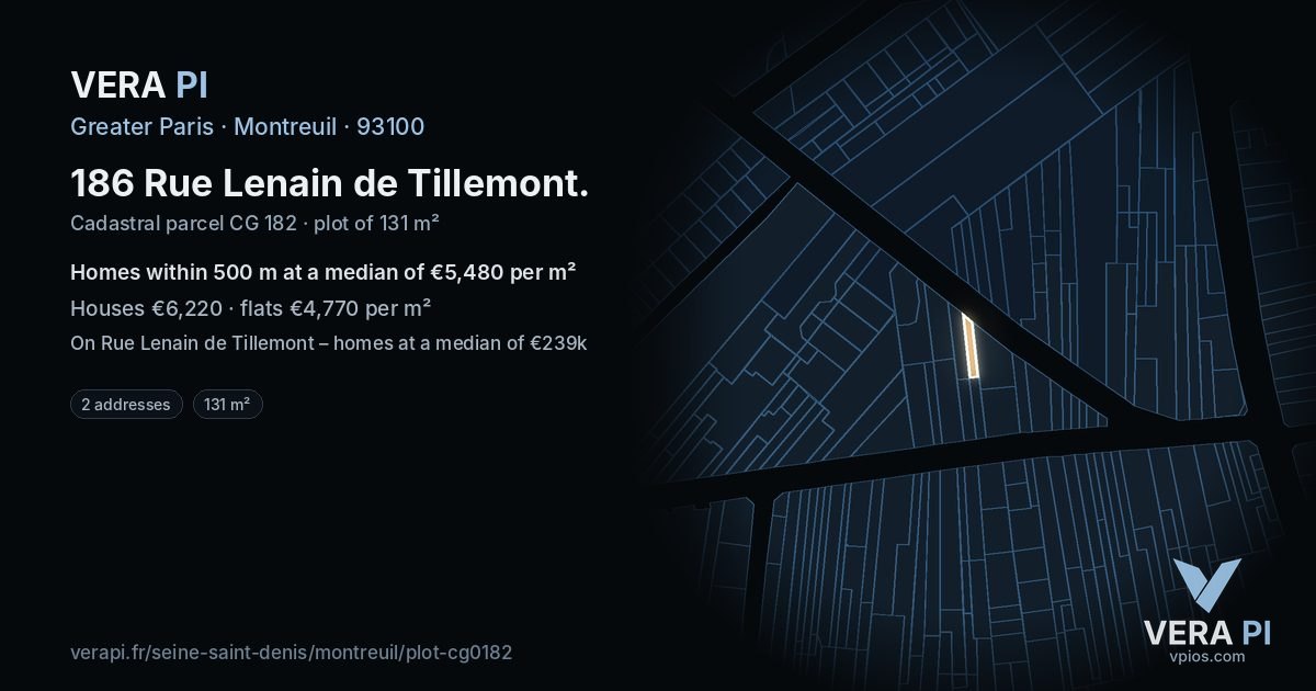 186 Rue Lenain de Tillemont, Montreuil at night – the plot lit, the parcels around coloured by the prices near them