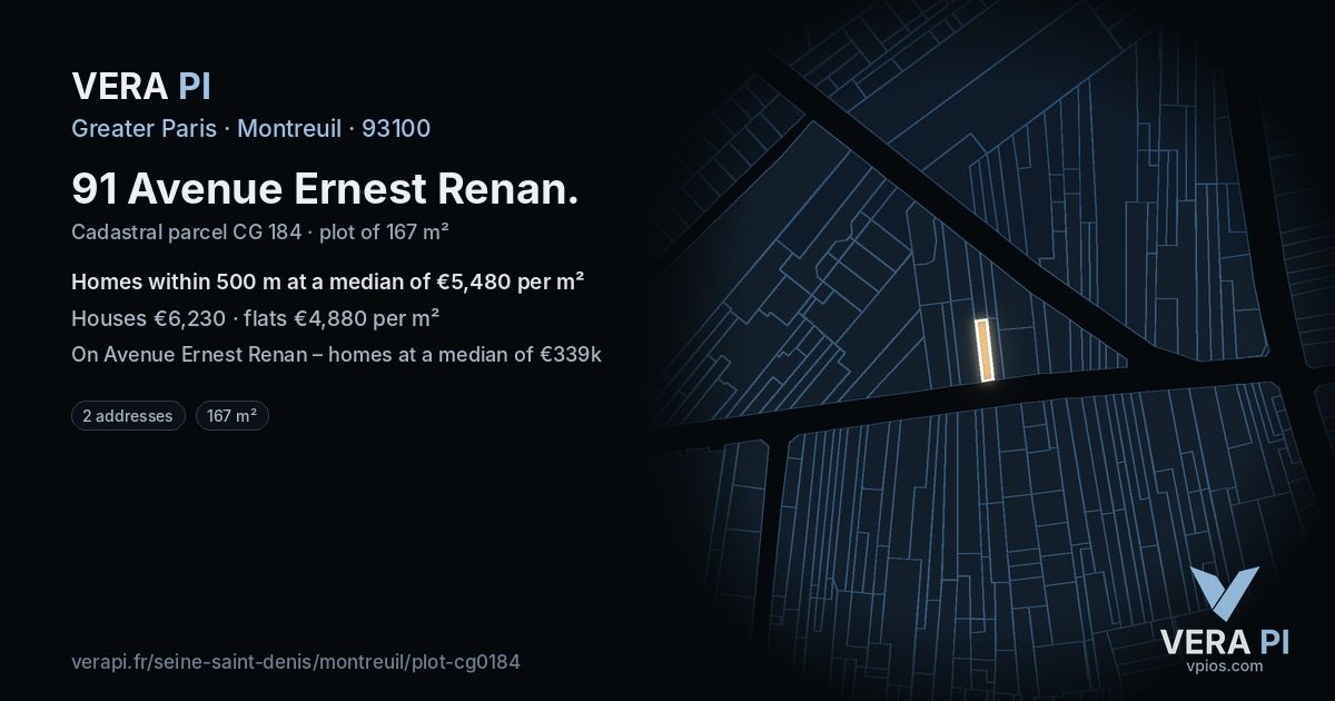 91 Avenue Ernest Renan, Montreuil at night – the plot lit, the parcels around coloured by the prices near them