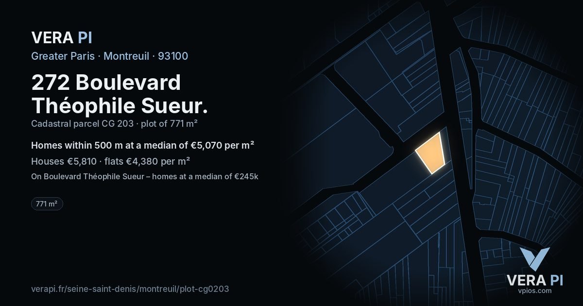 272 Boulevard Théophile Sueur, Montreuil at night – the plot lit, the parcels around coloured by the prices near them