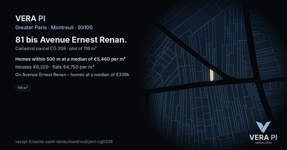 81 bis Avenue Ernest Renan, Montreuil at night – the plot lit, the parcels around coloured by the prices near them